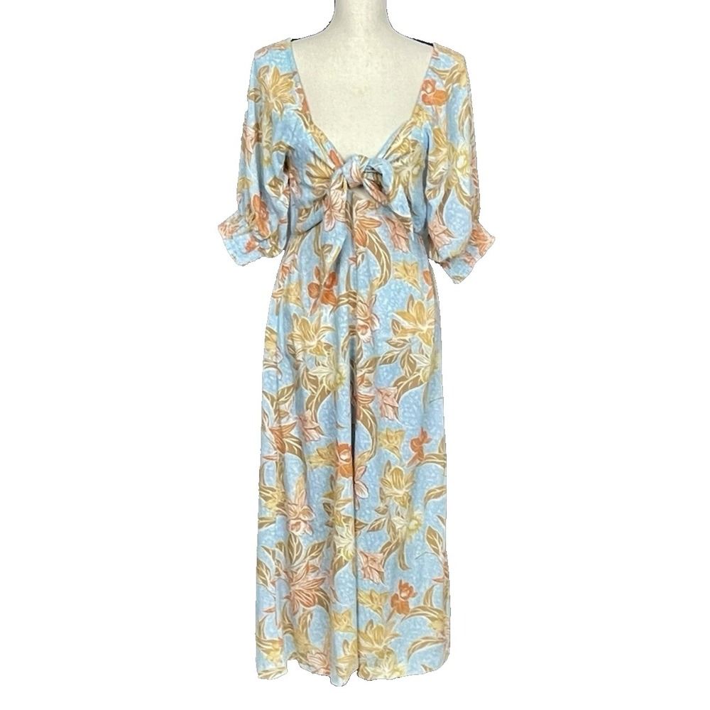 Roxy Tropical Boho Tie Front Midi Dress Womens XS  Puff Sleeve Resortwear Beachy